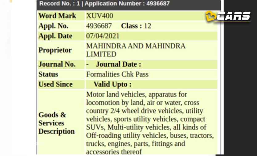 Mahindra trademarks xuv100 xuv400 and xuv900 in india