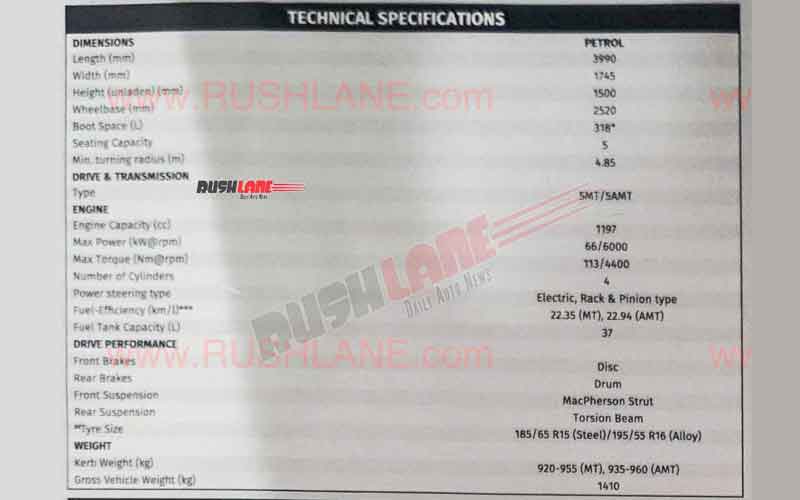 New baleno brochure leak weight added