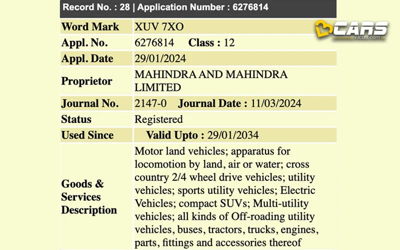 Mahindra XUV 7XO Name Trademarked