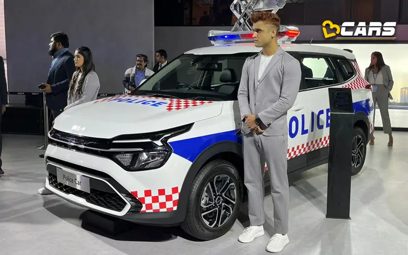 Kia carens ambulance police car showcased at 2023 auto expo