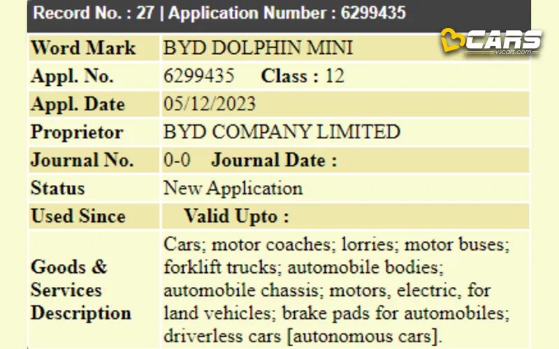 Byd dolphin and dolphin mini trademarked in india