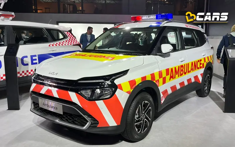 Kia carens ambulance police car showcased at 2023 auto expo