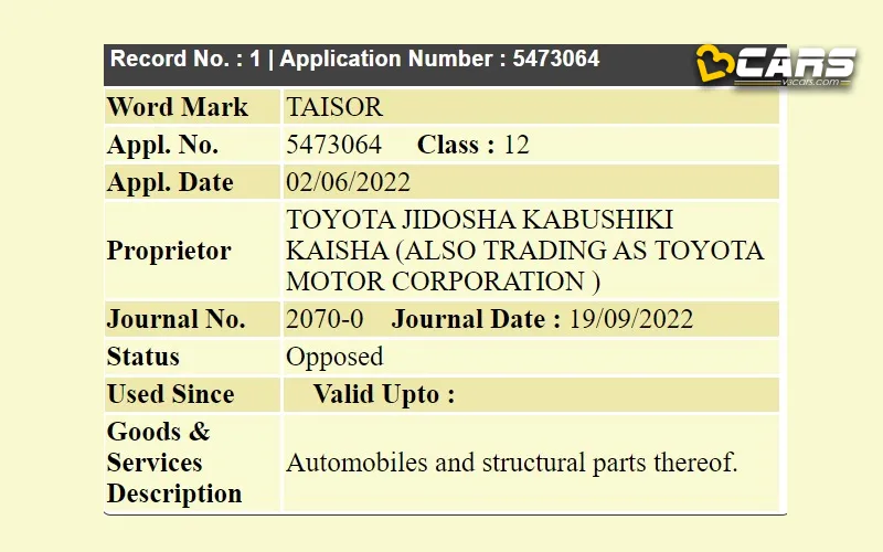 Toyota trademark urban cruiser taisor name